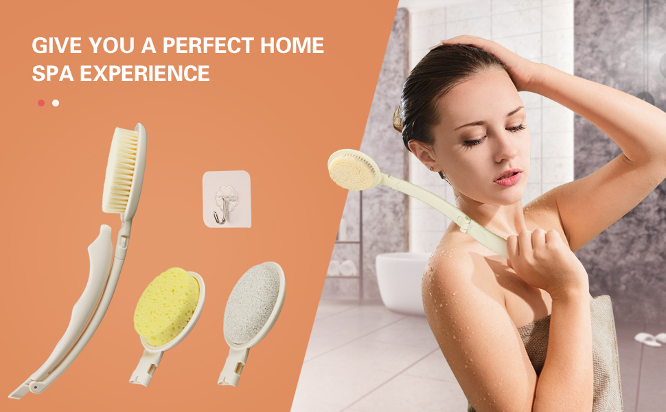 3-в-1 скребок для спини, аплікатор крему для тіла з довгим руків'ям, губка, пемза, люфа для душу. Білий, універсальний розмір