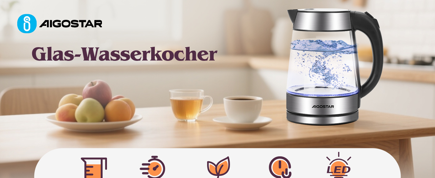 Електричний чайник Aigostar 1.7л, 2200W, LED, без BPA, скло Borosilikat, фільтр від накипу, чорний (Chubby)