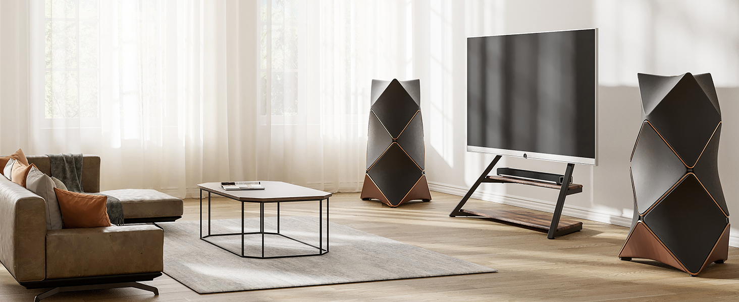 FITUEYES Modern TV Stand for 75-100 inch TVs - Adjustable Height, Swivel, Wood & Metal, Cable Management, VESA 800x600, Eiffel Series