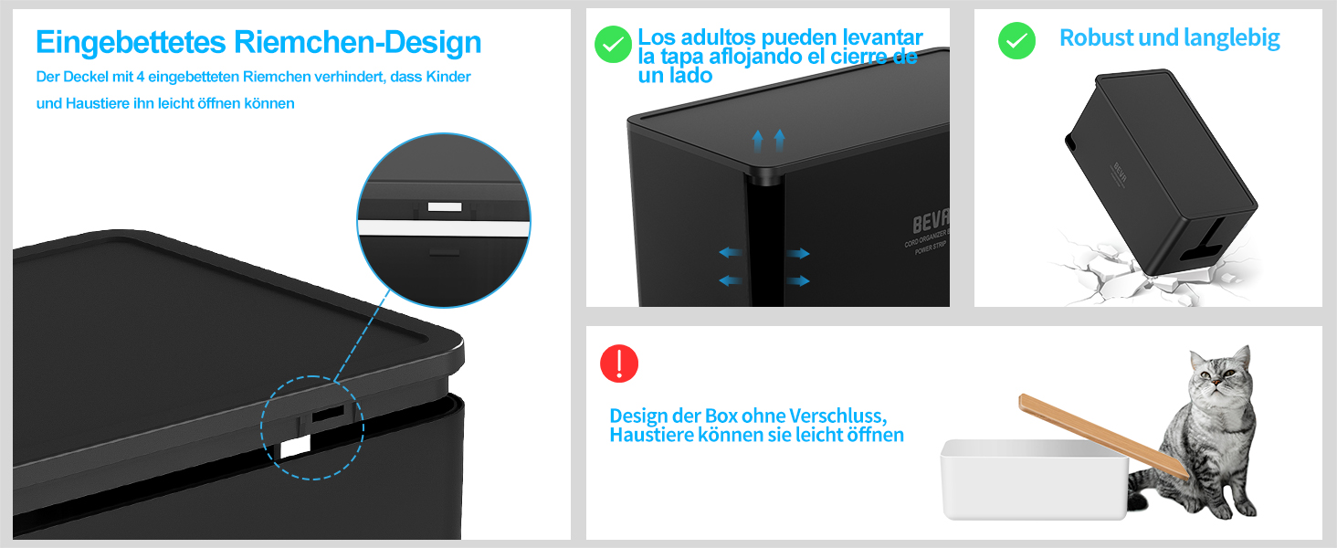 Блочок розеток BEVA з прихованими роз'ємами, 3680W/16A, захист від перенапруги 1050J, 2м кабель, 6 розеток + 3 USB-A + 1 USB-C (15W), з вимикачем, чорний
