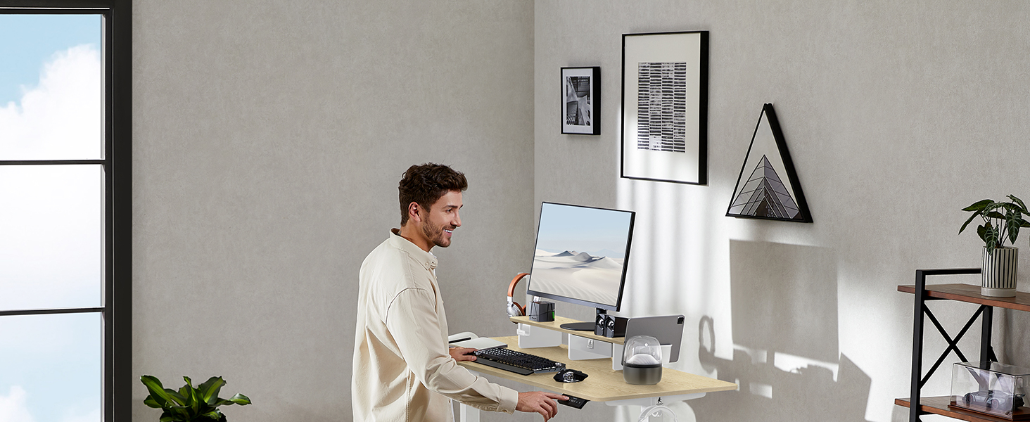 Electric Standing Desk with Drawers - 120x60cm, Oak Finish - Adjustable Height Desk for Home Office & Business, Monitor Stand, Phone Holder, 3 Hooks