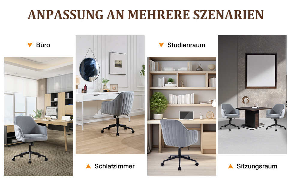 Офісний стілець для дому та офісу до 136 кг, обертовий, оксамитовий, з підлокітниками та колесами, ергономічний, зручний для жінок та дівчат, регульована висота, спальня, домашній офіс (Сірий, Оксамит)