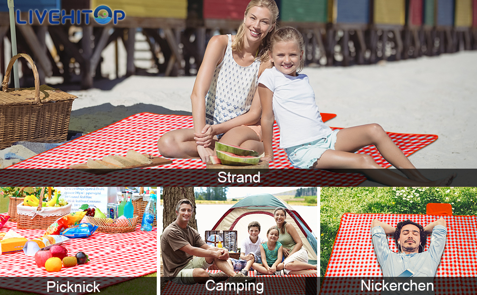 Плед для пікніка LIVEHITOP водонепроникний XXL, великий пляжний плед, складаний килимок для пікніка з ручкою для транспортування, для кемпінгу, парку, барбекю (150 x 200 см, червоно-клітинчастий)