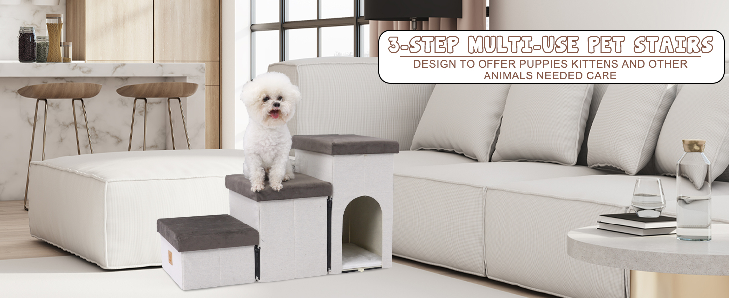 Сходинки для собак на 3 сходинки, 44 см, з місцем для зберігання, для ліжка/софи, для котів, для літніх тварин, губка, хатня тварина, бежевий колір