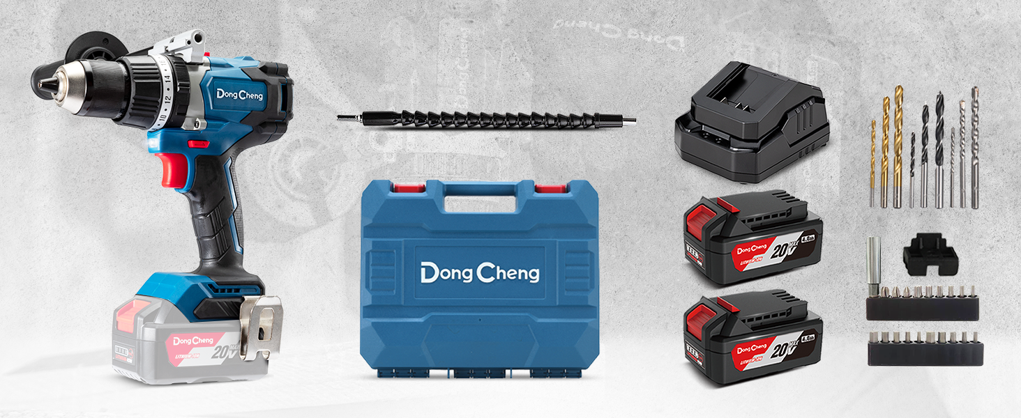 Акумуляторний ударний дриль-шуруповерт DongCheng 18V (2x2.0 Ah), 20+1+1 ступенів моменту, 13 мм патрон, 19-ти частинний набір з аксесуарами (120Nm)