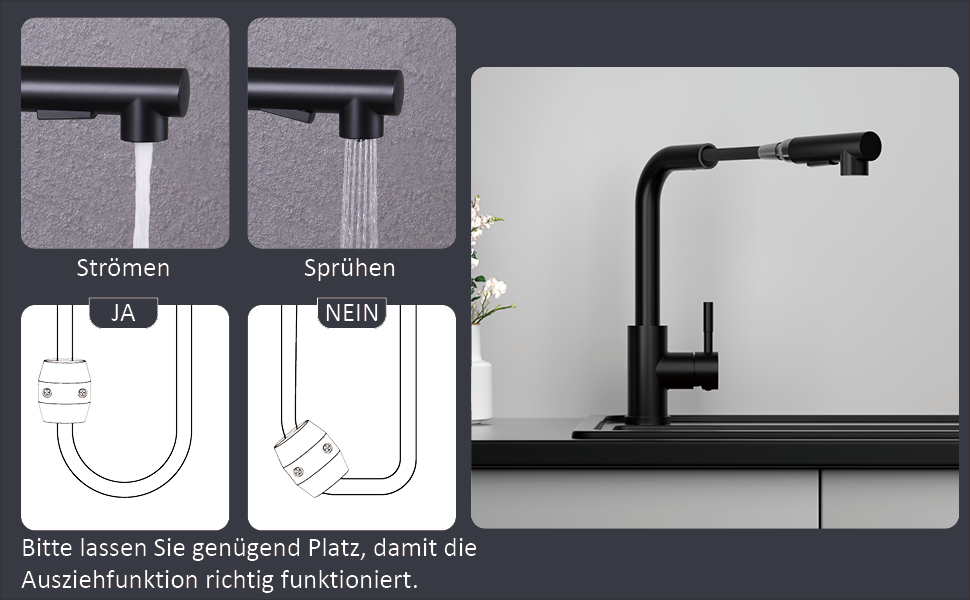 Кухонний змішувач SEMANEY з висувною лійкою, чорний, з донним клапаном, 360° обертання, 2 режими, для кухні
