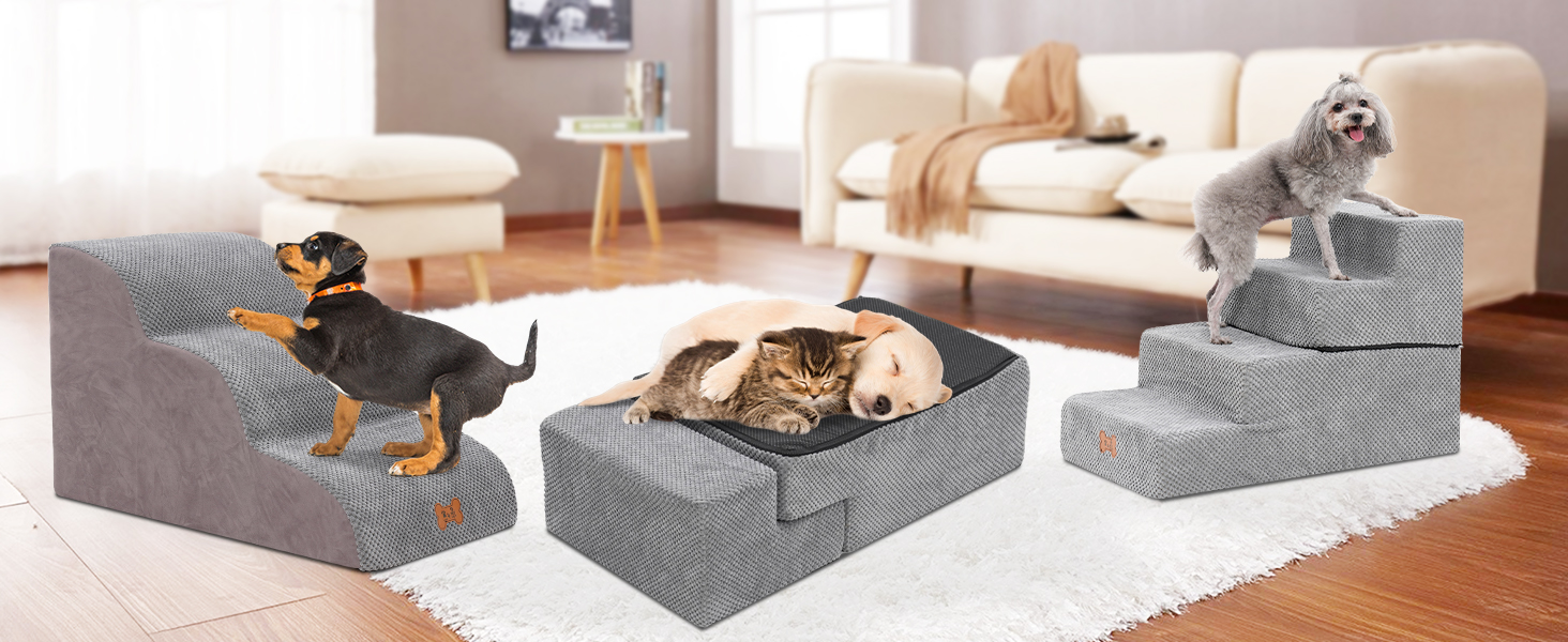 Сходинки для собак маленьких порід, 3 сходинки, 40 см, знімна та миюча, з м'якого пінополіуретану, антиковзкі, для котів та собак, для ліжка/дивану/автомобіля