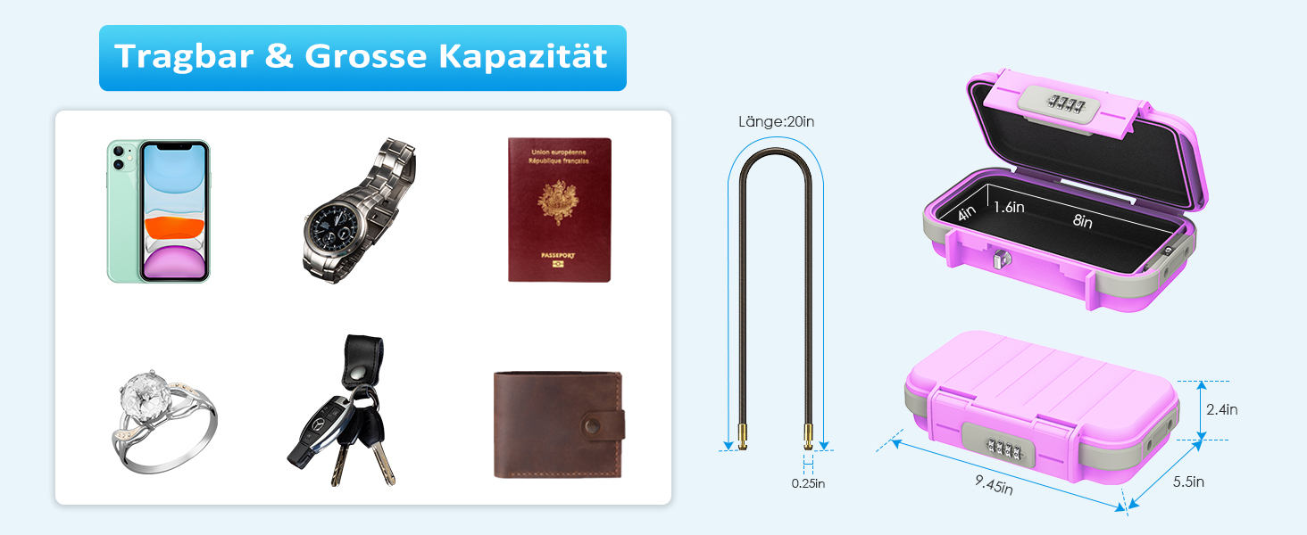 Сейф для зберігання Brifit, захист від крадіжки, водонепроникний, з кодовим замком та сталевим тросом (23.5x13.5x5.8 см), чорний/рожевий