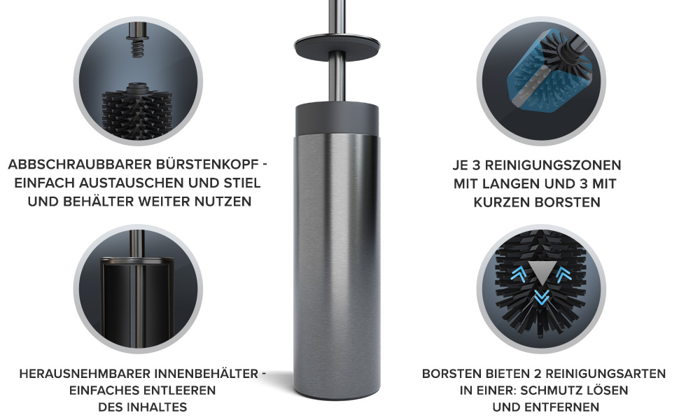 Торгова ручка для унітазу Ingoy | Силіконова щітка для унітазу | Чорна | з нержавіючої сталі з кришкою, для ванної та гостьового WC | Замінний насадок | Стильний дизайн (Бронза À Canon)