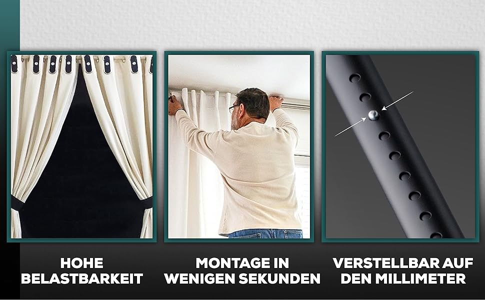 Штанга для штор Ø 32 мм, без свердління - штанга для душу та штори для вікон, перегородок та кухні (120-170 см, Чорний)