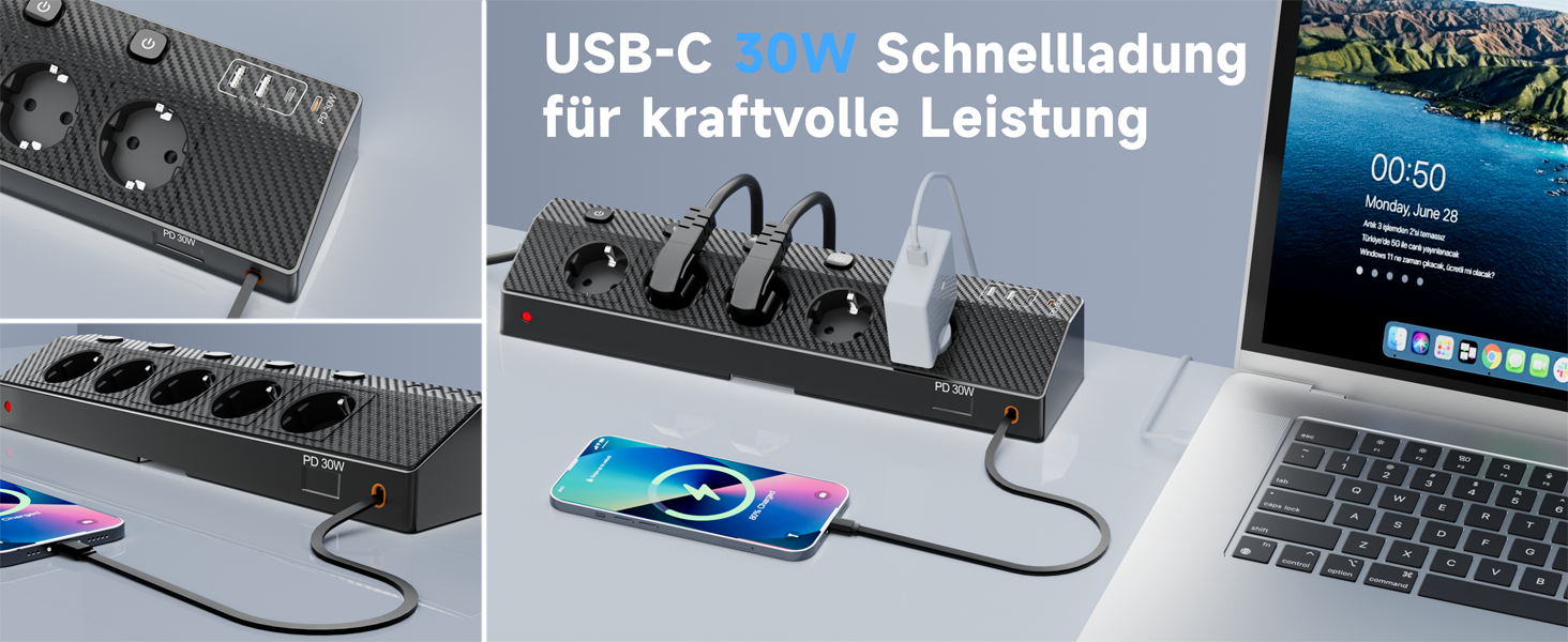 Настільний мережевий фільтр з 5 розетками та 2 USB-C (PD 30W), подовжувач з вимикачем, 4000 Вт, кабель 3м, чорний
