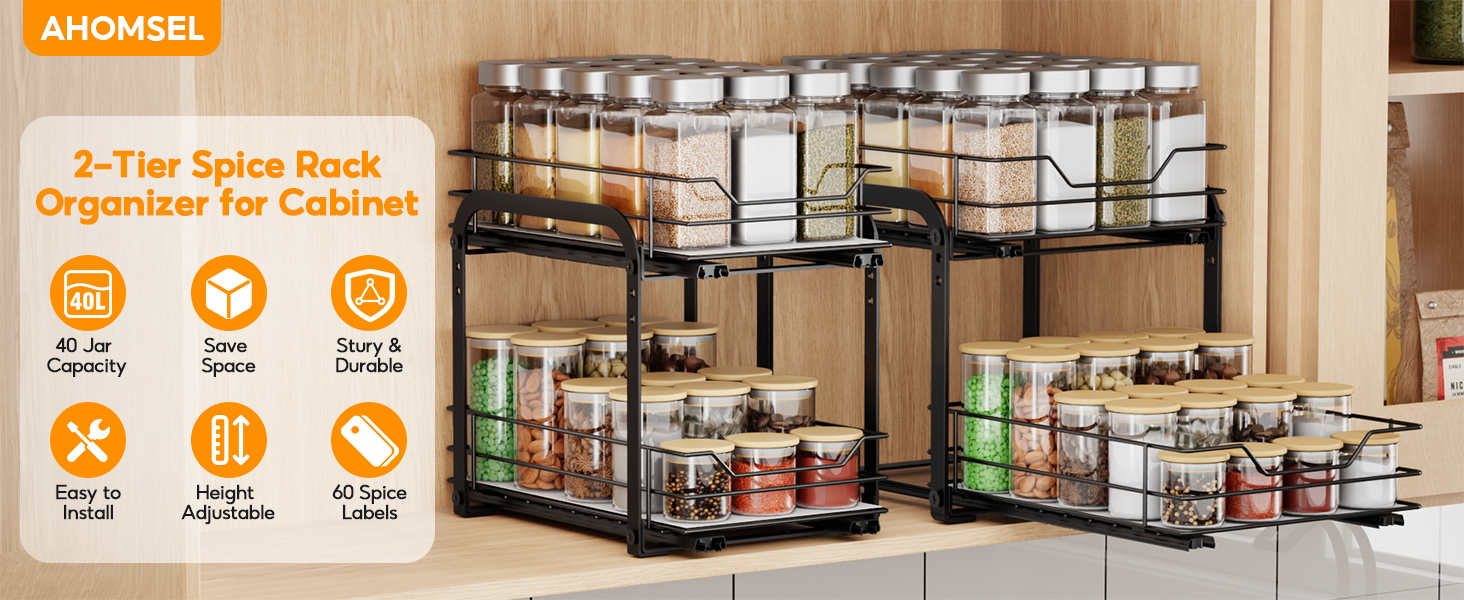 Висувна полиця для спецій на 2 яруси, регульована висота, органайзер для кухонної шафи. Висувна полиця для спецій з наклейками для кухні та робочої поверхні, розмір 26x23x23 см