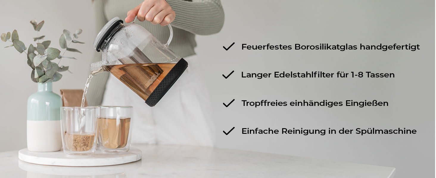 Скляний чайник Doli 1,5 л з сіткою з нержавіючої сталі, чорний — для гарячих та холодних напоїв, підходить для посудомийки, BPA-free