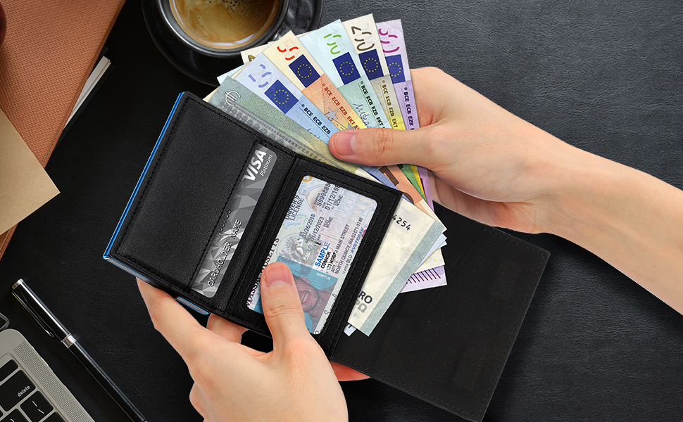 Чоловічий шкіряний гаманець TENBST з RFID захистом, 8 відділень для карток, відділення для монет (Блакитний)