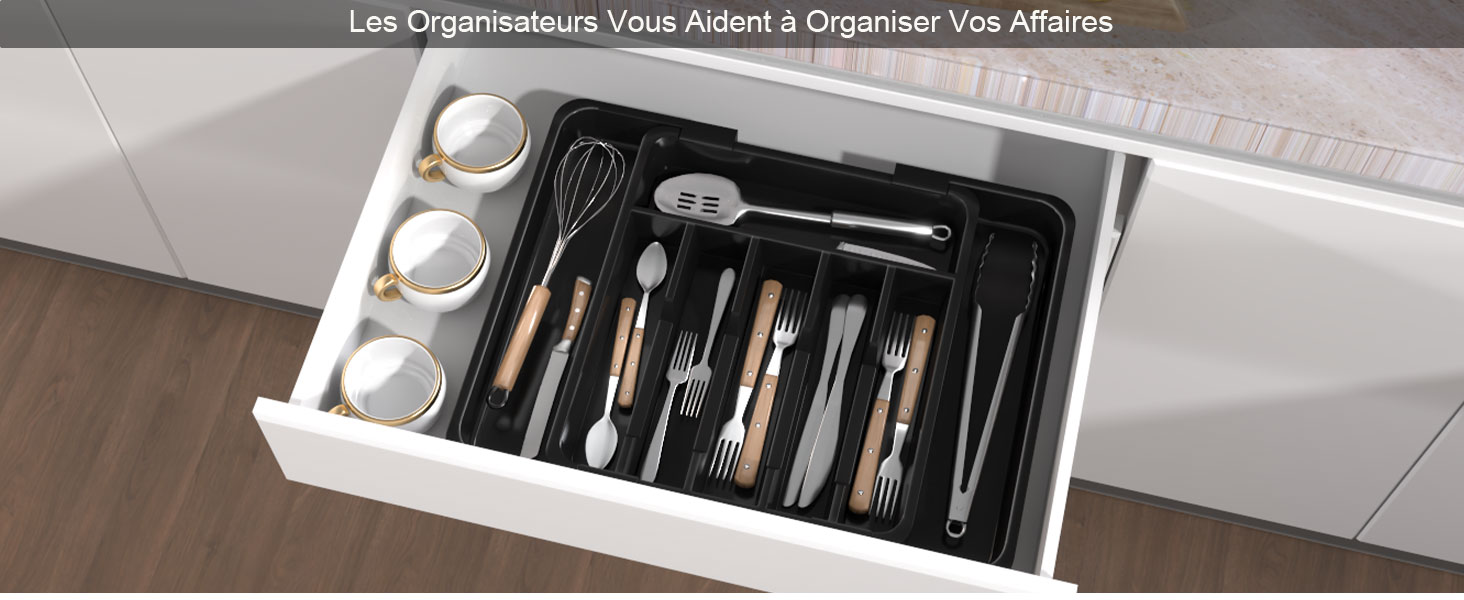 Органайзер для столових приборів в шухляду 40 см, чорний, пластиковий, з регульованими перегородками (6-8 відділень)