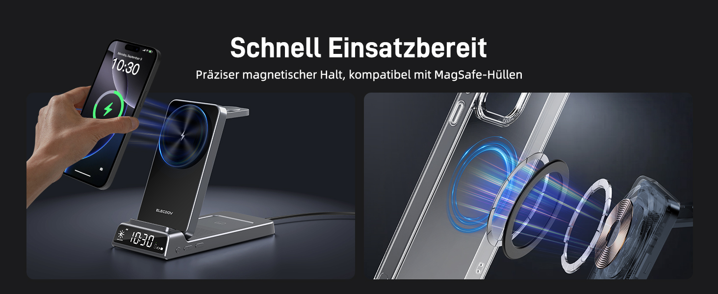 Зарядна станція 3-в-1 бездротова для iPhone, Apple Watch, AirPods, з годинником, для подорожей