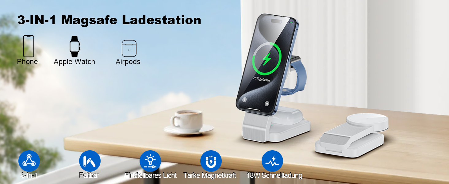 3-в-1 Станція Бездротової Зарядки: iPhone, Apple Watch, AirPods (Біла)