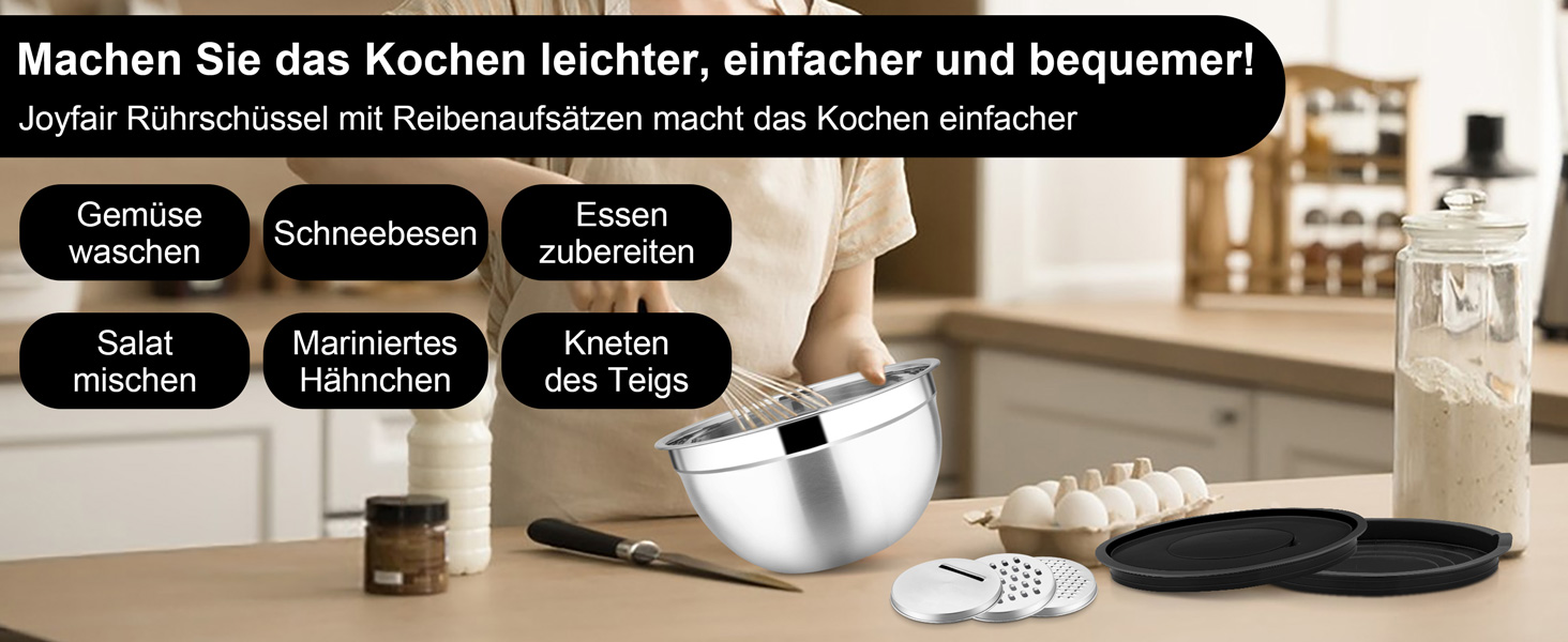 Миска Joyfair 4,5 л з нержавіючої сталі з кришкою, набором терок для приготування, миття в посудомийній машині - чорна