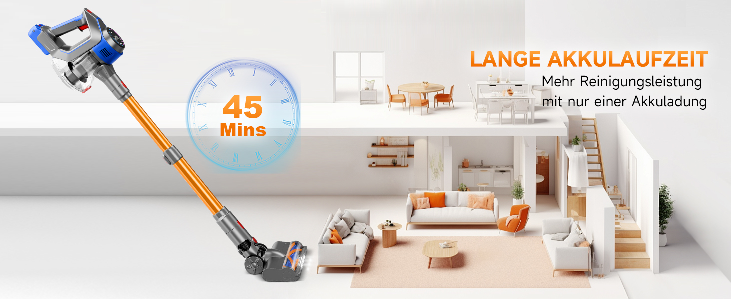 Бездротовий акумуляторний пилосос 45000 Па / 45 хв - 1,6 л з LED-дисплеєм, антизаплутувальною насадкою, тихий (<60 дБ), HEPA-фільтр, для видалення шерсті тварин, килимів, твердих поверхонь, авто, блакитний