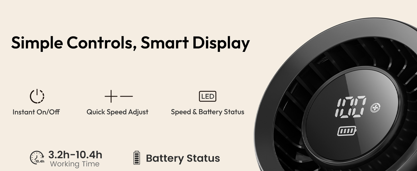 Акумуляторний настільний вентилятор gaiatop, тихий USB-C вентилятор з 5 швидкостями, LED-дисплеєм та сенсорним керуванням, нахил 90°, 4000mAh, чорний