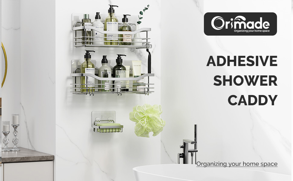 Поличка для душу Orimade без свердління з мильницею та 5 гачками - 3 шт. (срібло)