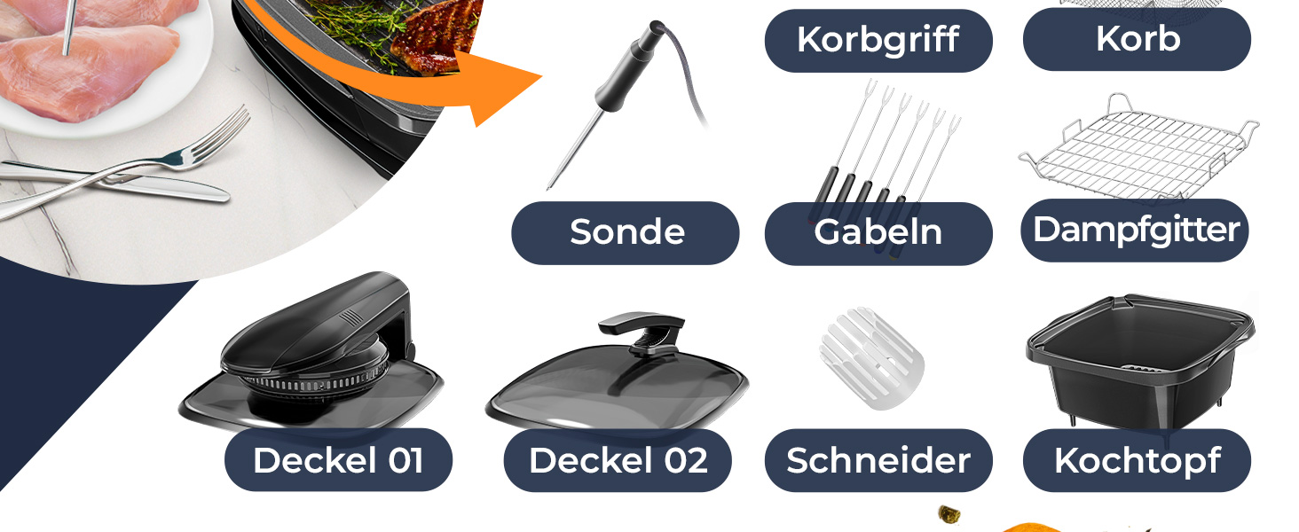 Мультиварка KESSER® 8л з фритюрницею та 16 програм: приготування на грилі, випічка, тушкування, варіння на пару, функція підігріву та швидкої приготування, рисоварка, йогуртниця, чорний