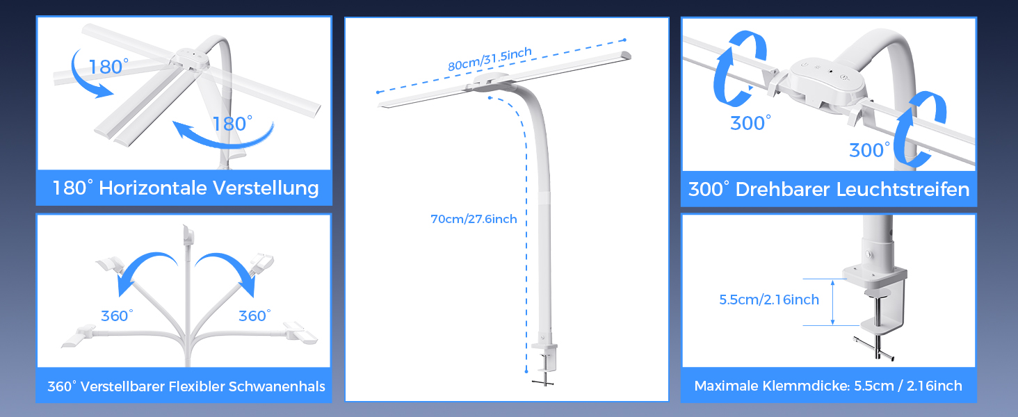 Світлодіодна настільна лампа з димером LED 24W, 1400LM, подвійний гнучкий винос, пульт, USB зарядка, білий колір T01