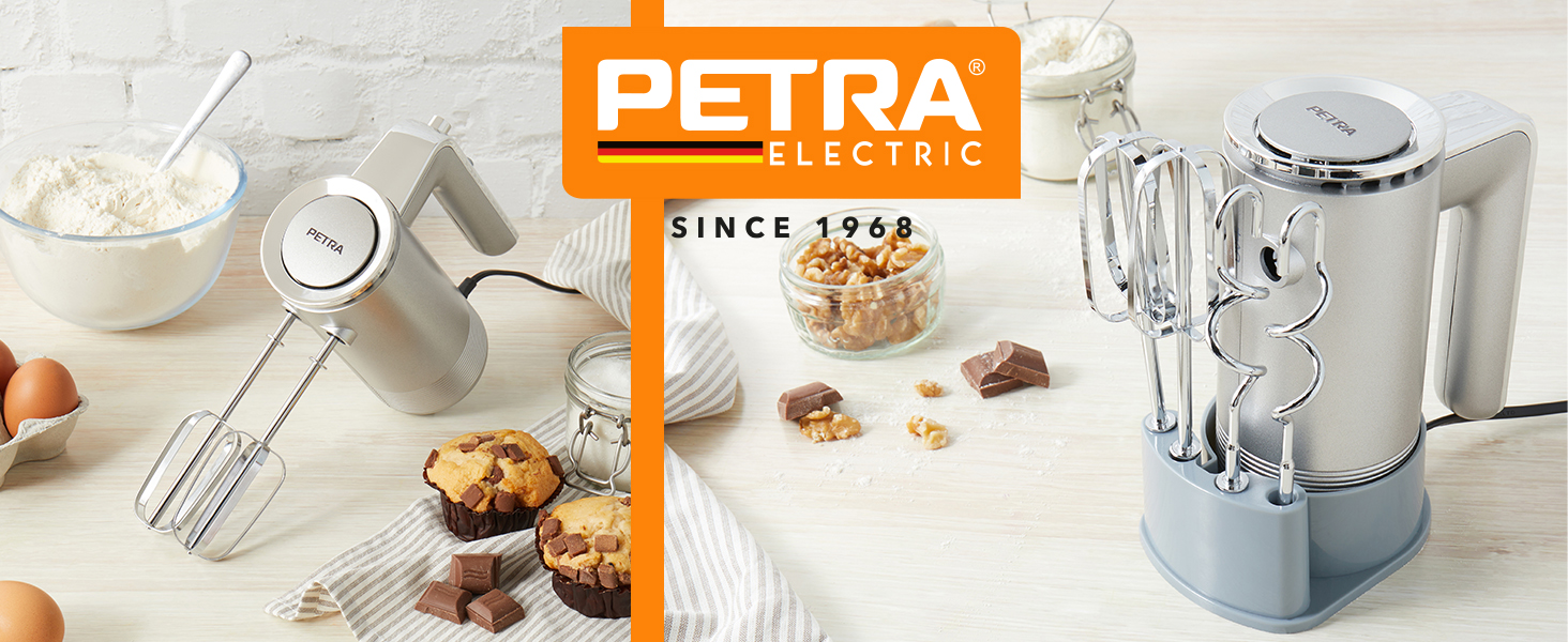 Ручний міксер Petra 300W з 5 швидкостями, турбо-функцією, гаками для тіста та вінчиками, сріблястого кольору з підставкою