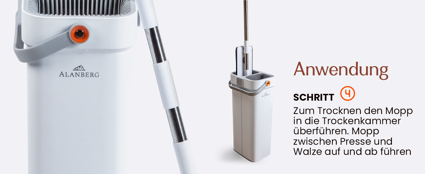 Набір для миття підлоги XL з відром, 2-камерна система, телескопічна ручка 143-181 см, плоский моп 40 см, самовіджимання з видаленням шерсті тварин та 2 мікрофібровими накладками, білий – ALANBERG®