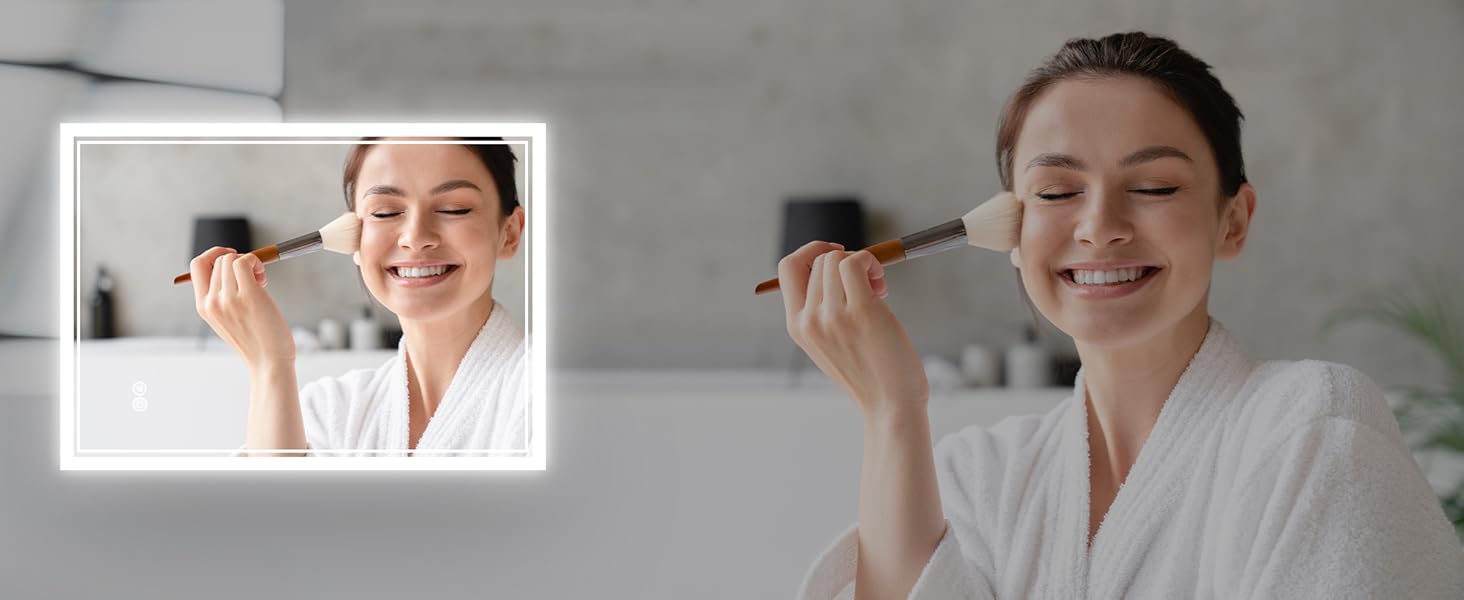 Дзеркало для ванної кімнати SONNI з підсвічуванням 80x60 см, 3 кольори світла, проти запотівання, LED, сенсорне керування, годинник, температура, 3-кратне збільшення