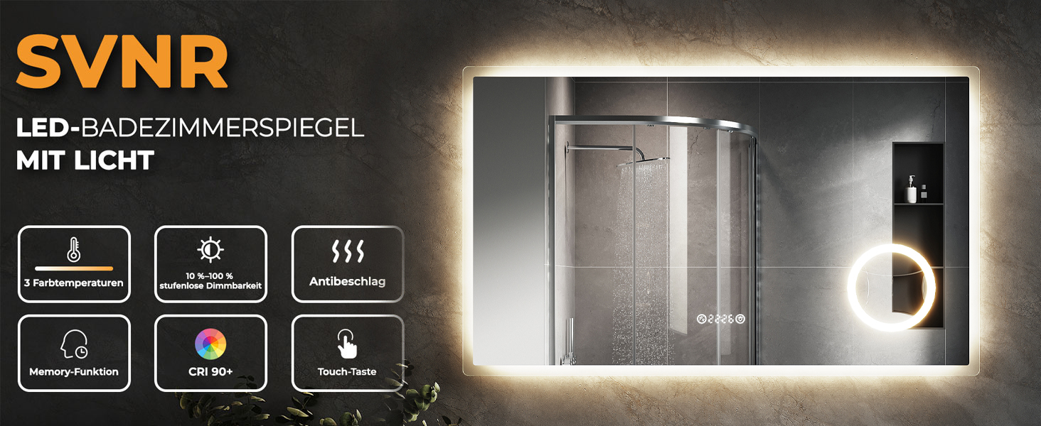 Дзеркало для ванної кімнати SVNR з підсвічуванням 40x60 см, LED, алюмінієва рама, захисне скло, IP44, 3 кольори світла, антизапар, годинник, 5x лупа, розетка для гоління