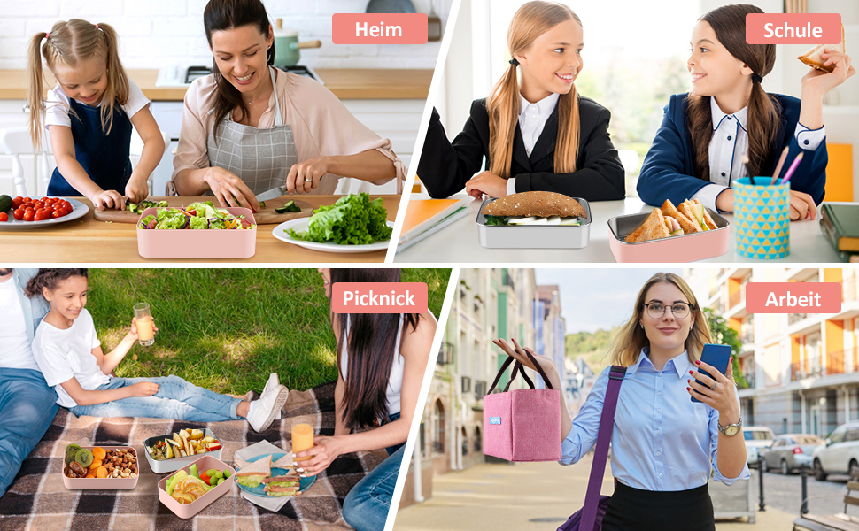 HOLIPOT Ланчбокс Bento Box з роздільниками, 2 рівні, з нержавіючої сталі та PP, з виделкою-ложкою, сумка, для дітей та дорослих (Рожевий)