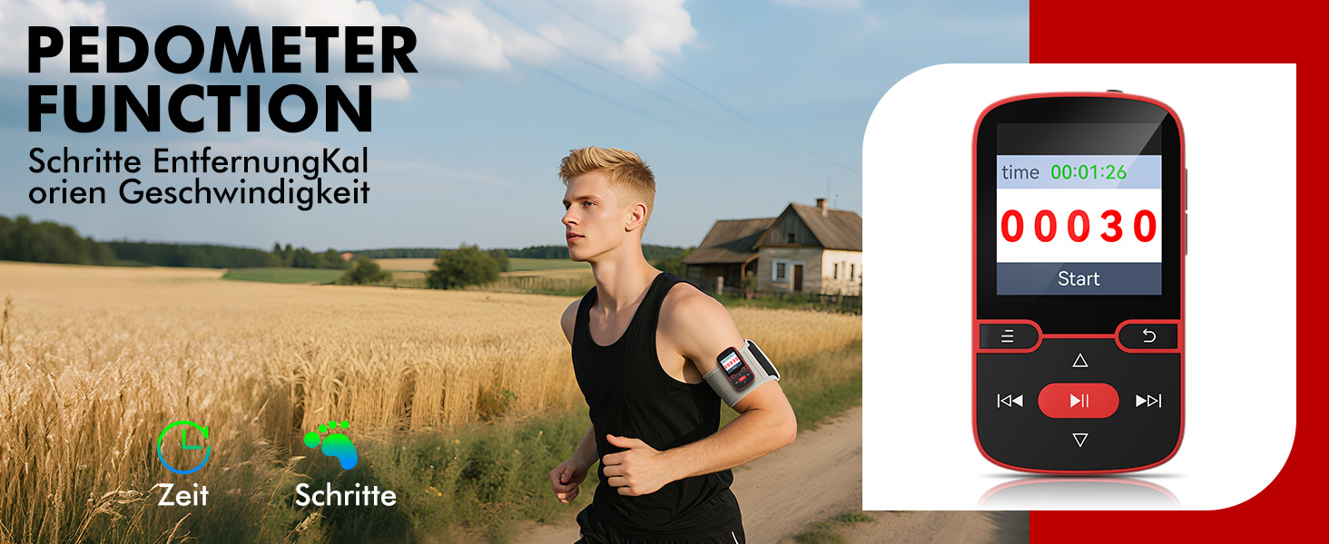 MP3 плеєр 64GB Bluetooth 5.3 з кліпсою, Hi-Fi, для спорту, з FM-радіо, диктофоном, крокоміром, підтримка картки до 128GB, червоний