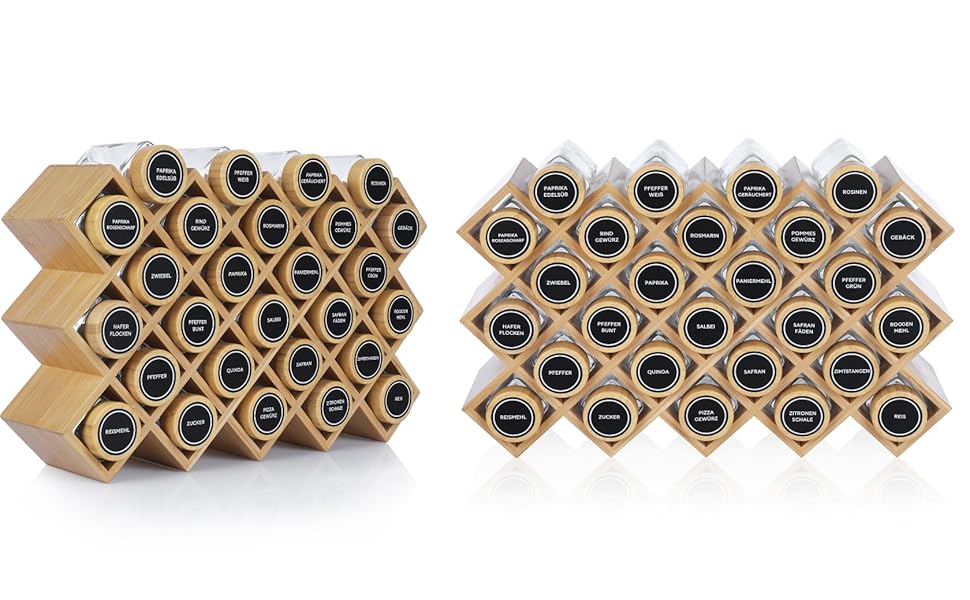 Стильна бамбукова полиця для спецій Adabor - органайзер з 27 скляними баночками, кришками та 144 етикетками