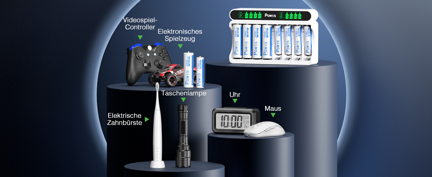 Зарядний пристрій POWXS для акумуляторів NI-MH NI-CD AA/AAA, 8 слотів, LCD дисплей, швидка зарядка Micro USB/Type-C