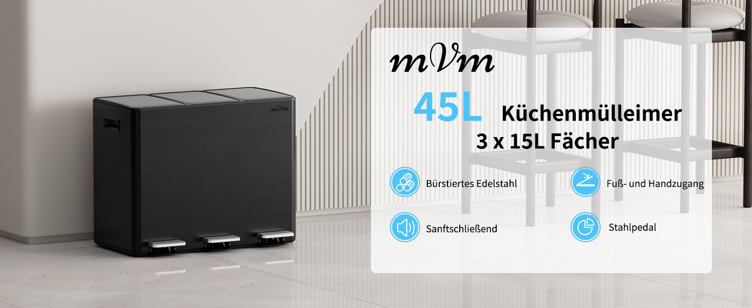 Сміттєвий відер mVm на 60 л з двома камерами по 30 л, система Softclose, чорний