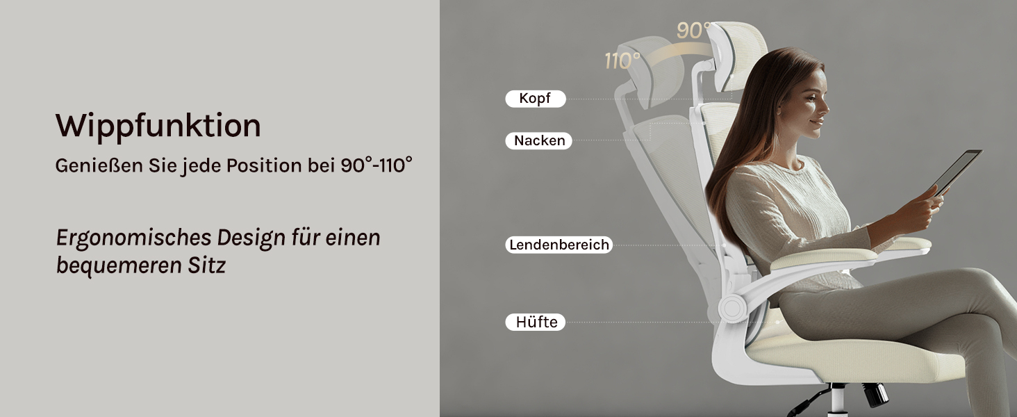Крісло офісне WOLTU ергономічне, крісло для робочого столу з функцією гойдання, регульована підголовник, поворотні підлокітники, підтримка попереку, офісне крісло для офісу, витримує 150 кг (Бежевий)