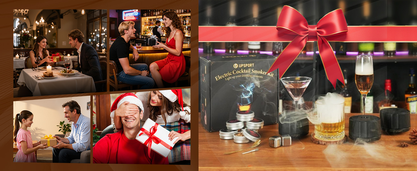 Набір для копчення віскі: 6 смаків дерев'яної стружки, 2 склянки, 2 кубики льоду, аксесуари для коктейлів, копчення напоїв, бурбон, кава, м'ясо