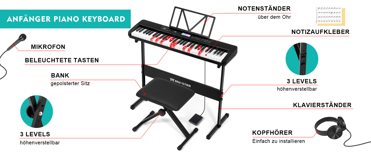 MUSTAR 61-клавішна клавіатура-піаніно для початківців, цифрова клавіатура з підсвічуванням, динаміками, стійкою, табуретом, навушниками, мікрофоном, підставкою для нот, 300 звуками та уроками музики (Чорний)