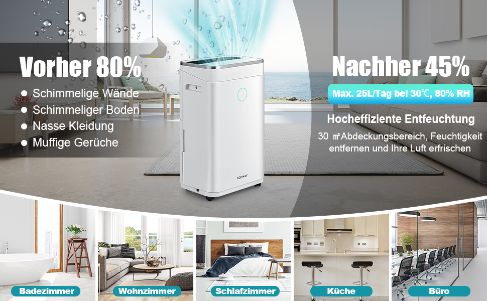 Відбійник повітря COSTWAY з 4 режимами, 5л резервуар для води, таймер 24 години, шланг для зливу, LED-дисплей, для приміщень до 250м³ (100м²), 25л/день