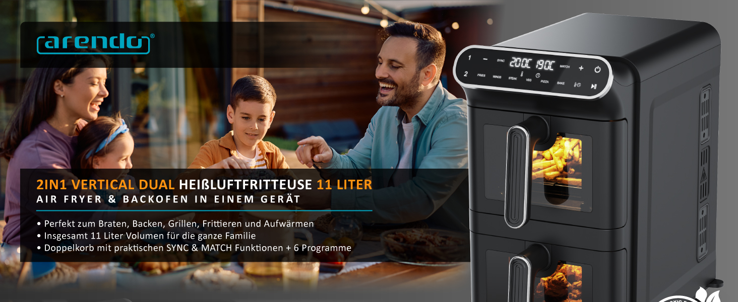 Фритюрниця Arendo з гарячим повітрям XXL Dual Zone з 2 камерами – 11 л – 2 зони – Airfryer з подвійними камерами та вікном – 6 програм – Без BPA – 3D циркуляція повітря – Функції Sync та Match A: 11 літрів