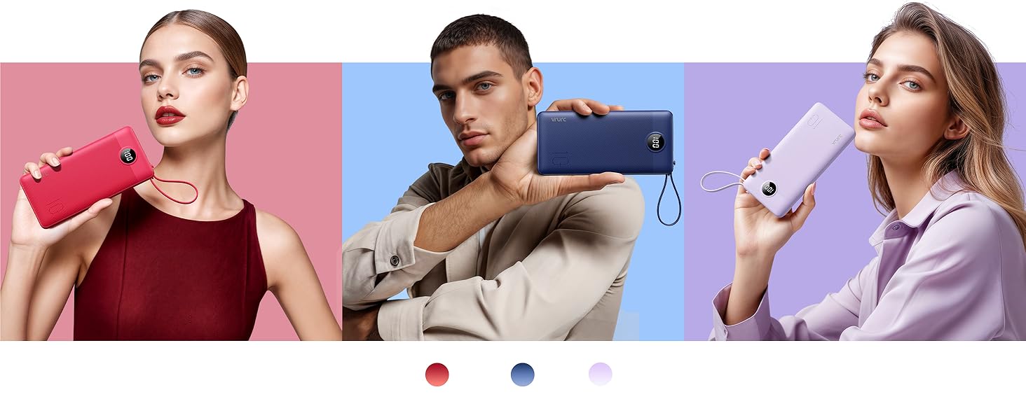 Powerbank VRURC 10000mAh з кабелем: портативний зарядний пристрій USB-C з LED дисплеєм та 5 виходами, 2 входами, сумісний з iPhone, Huawei, Samsung та іншими смартфонами (колір: туманний фіолетовий)