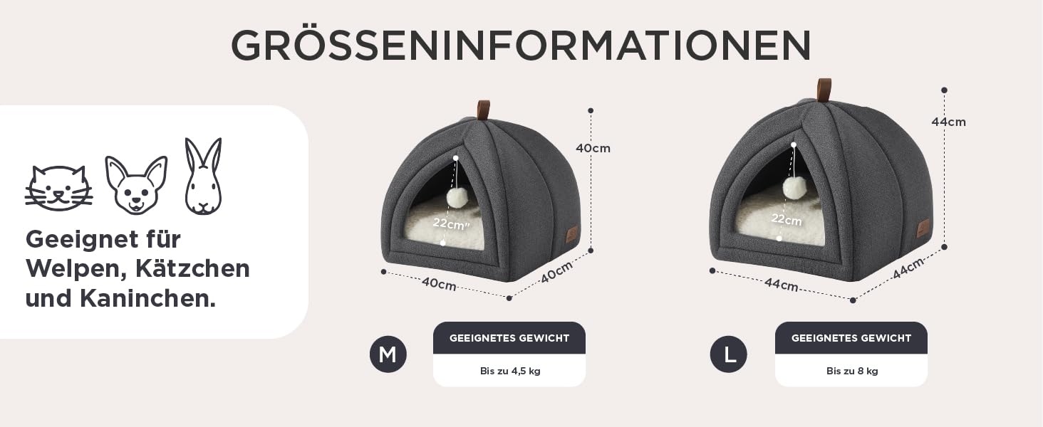 Ліжко для котів BEDSURE велике, 44x44x44 см, хатинка для котів, з м'якою подушкою Sherpa та іграшкою, миється, бежеве