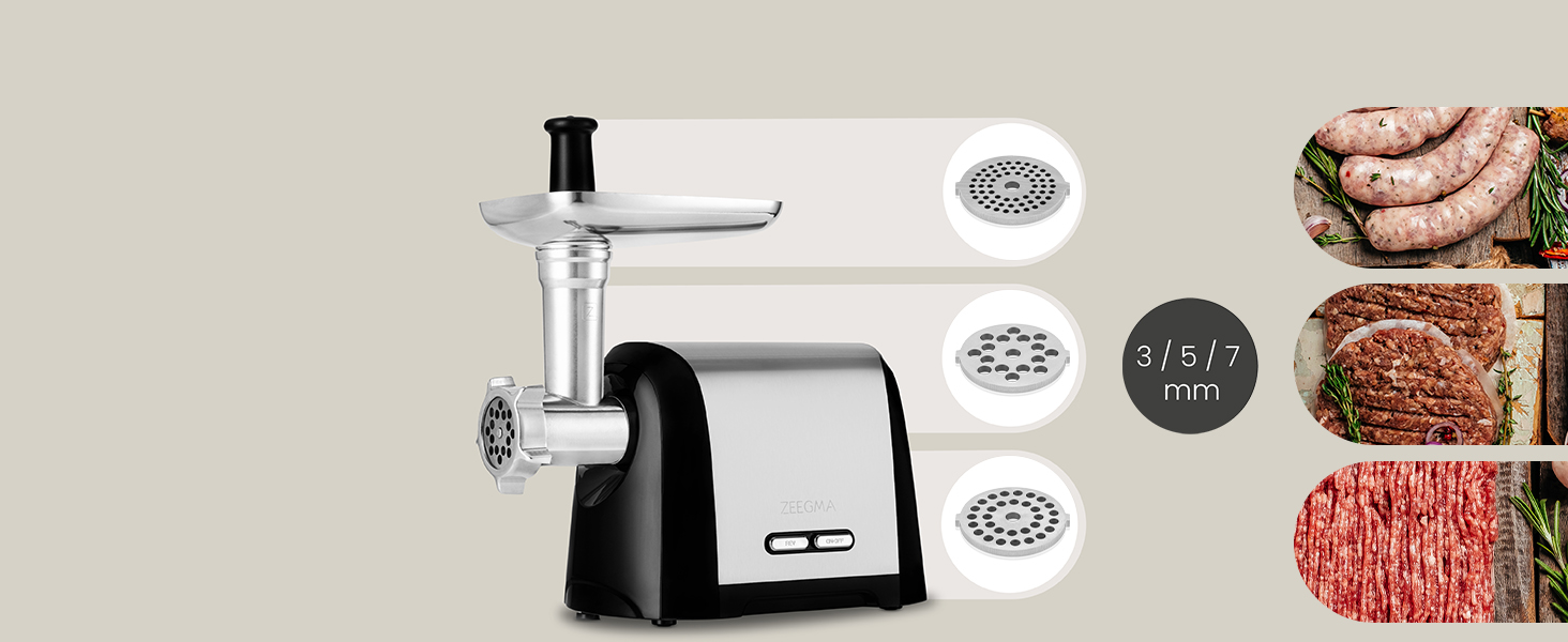 ZEEGMA Electric Meat Grinder - 1900W, Stainless Steel Plates, 3kg/min, Sausage Maker, Kubbe Maker, Chopping, Dicing, REV Function, Accessory Set - Silver