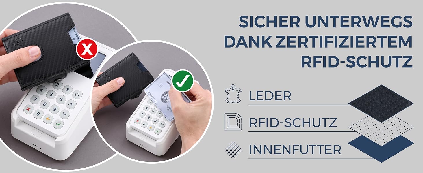 Стильний тонкий гаманець VON HEESEN з відділенням для монет та захистом RFID - гаманець для чоловіків та жінок - картхолдер, міні-портмоне, чорний карбон
