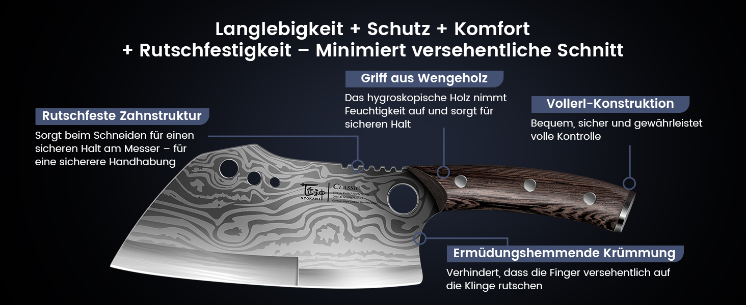 Ніж кухарський SYOKAMI Fleischermesser Damast, 19.5 см, з дерев'яною ручкою та піхвами, для кухні та дому