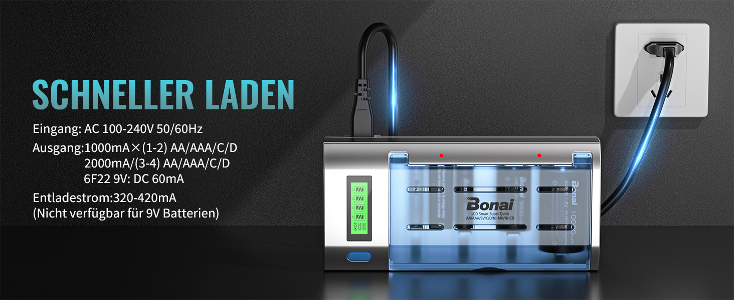 Інтелектуальний зарядний пристрій BONAI для акумуляторів AA/AAA/SC/C/D NI-MH з LCD дисплеєм та функцією розряду, AC