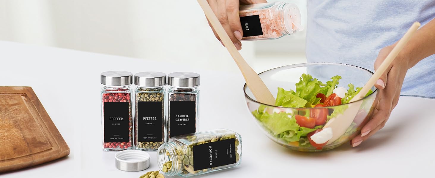 Square Spice Jars [24 x 120 ml] Spice Containers with 301 Labels, Stainless Steel Lids | Spice Jar Set | Spice Storage, Spice Glass, Spice Organizer, Shaker Insert
