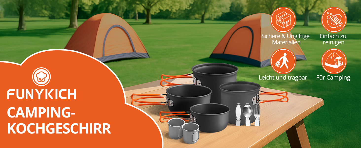 Набір посуду для кемпінгу Funykich, 19 предметів: каструлі, миски, столові прибори. Ідеально для 2 осіб, пікніків, походів. Алюміній, складаний.