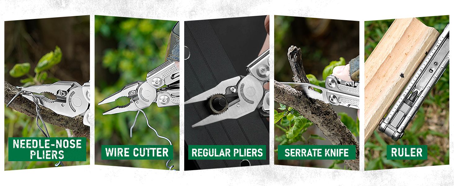 BiBURY Stainless Steel Multitool - Folding Pliers with Screwdriver & Shears - Camping, Hiking & Outdoor Gift for Men